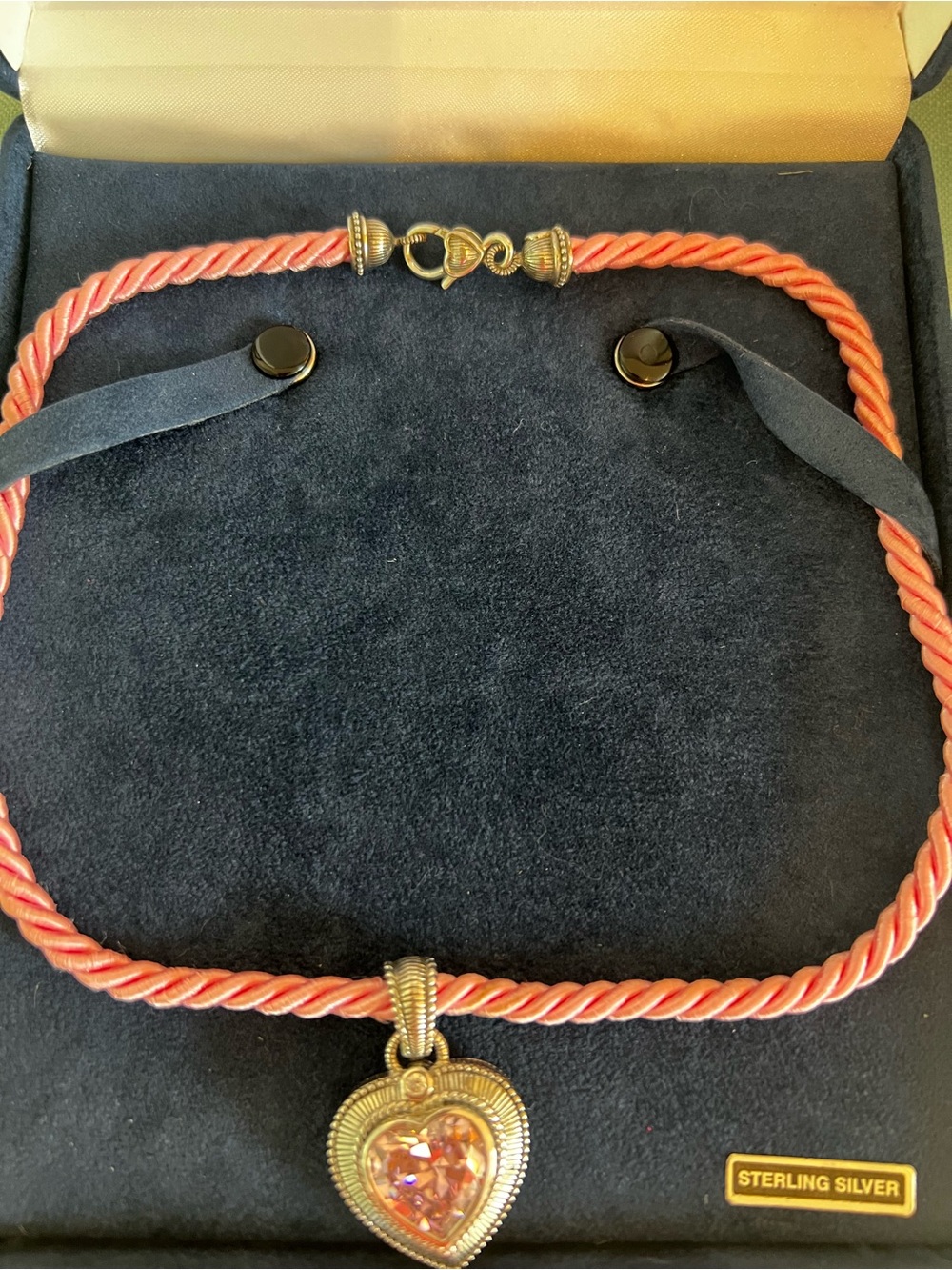 Judith Ripka Coral Pink Rope Necklace with Heart Gem Pendant